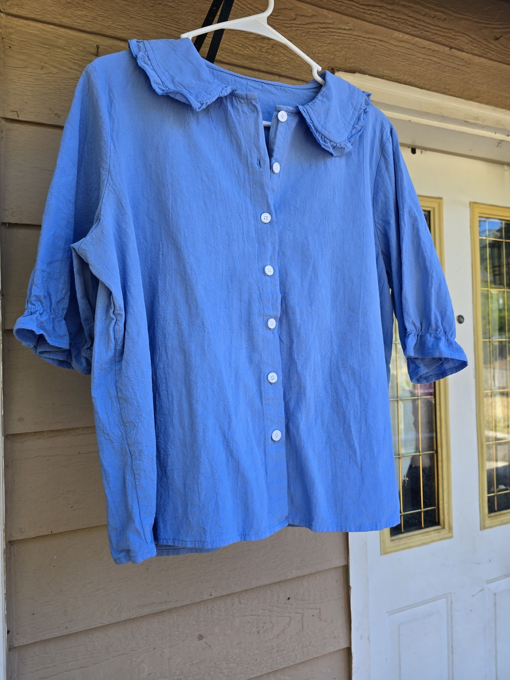 Women's Light Blue Button-Up Shirt with Ruffle Collar - Small